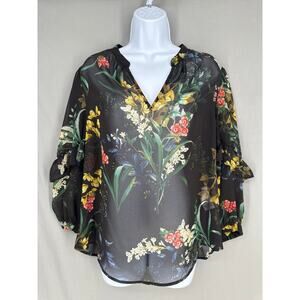 Chicos Top Womens Medium 1 Black Floral Sheer Ruffle Colorful Boho Bohemian